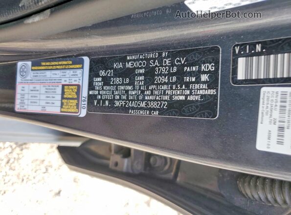 3KPF24AD5ME388272 2021 KIA FORTE Gray Vista de la etiqueta del VIN
