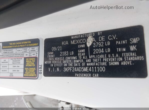 3KPF24AD5ME411100 2021 KIA FORTE White Շարժիչի բաժամունքի տեսք