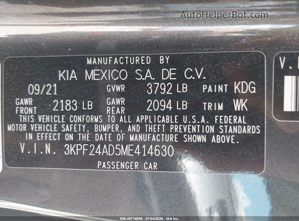 3KPF24AD5ME414630 2021 KIA FORTE Gray Вид підкапотного простору