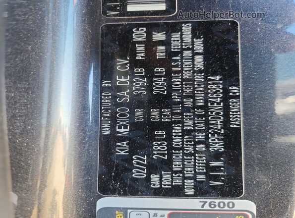 3KPF24AD5NE463814 2022 KIA FORTE Gray Widok komory silnika