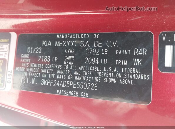 3KPF24AD5PE590226 2023 KIA FORTE Red ძრავის განყოფილების ხედი