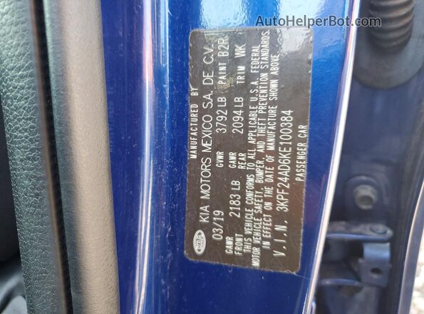 3KPF24AD6KE100384 2019 KIA FORTE Blue Vista del compartimento del motor