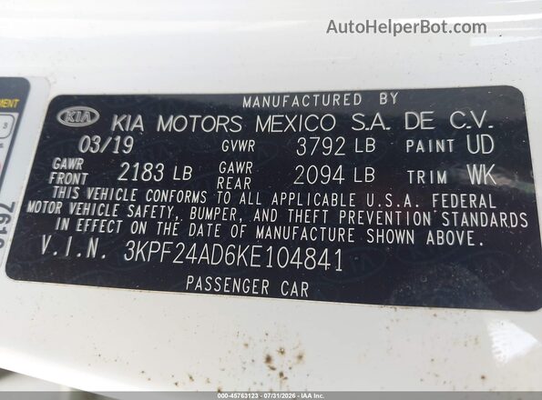 3KPF24AD6KE104841 2019 KIA FORTE White Вид підкапотного простору
