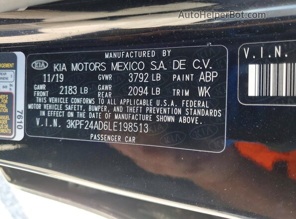 3KPF24AD6LE198513 2020 KIA FORTE Black Widok komory silnika