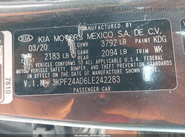 3KPF24AD6LE242283 2020 KIA FORTE Gray ძრავის განყოფილების ხედი