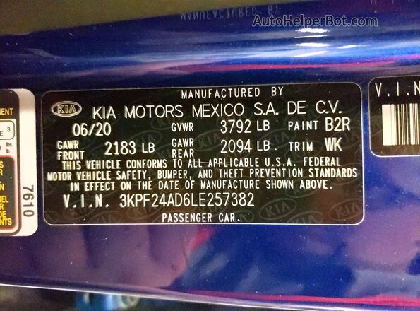 3KPF24AD6LE257382 2020 KIA FORTE Blue Շարժիչի բաժամունքի տեսք