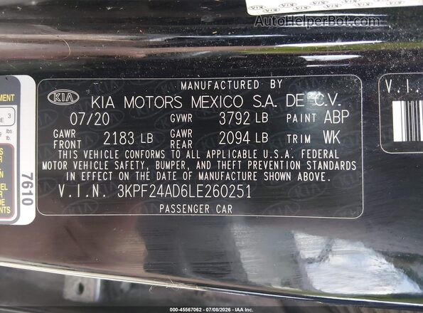 3KPF24AD6LE260251 2020 KIA FORTE Black Engine compartment view