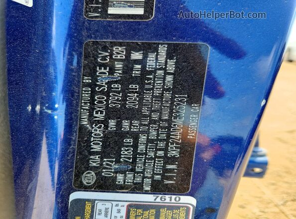 3KPF24AD6ME325231 2021 KIA FORTE Blue Շարժիչի բաժամունքի տեսք