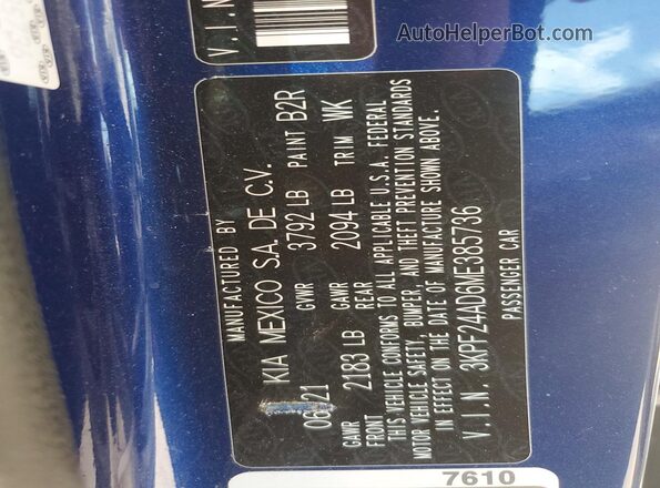 3KPF24AD6ME385736 2021 KIA FORTE Blue Շարժիչի բաժամունքի տեսք