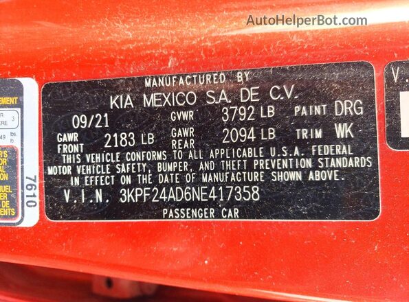 3KPF24AD6NE417358 2022 KIA FORTE Оранжевый Вид подкапотного пространства