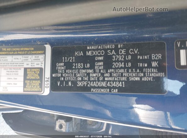 3KPF24AD6NE434841 2022 KIA FORTE Blue Вид підкапотного простору