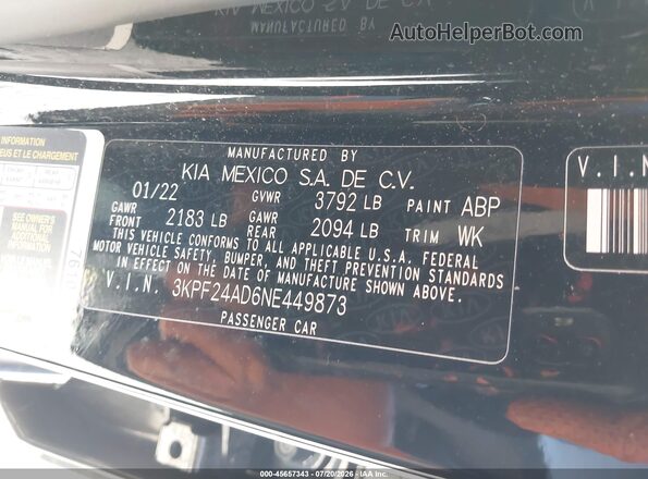 3KPF24AD6NE449873 2022 KIA FORTE Black Engine compartment view