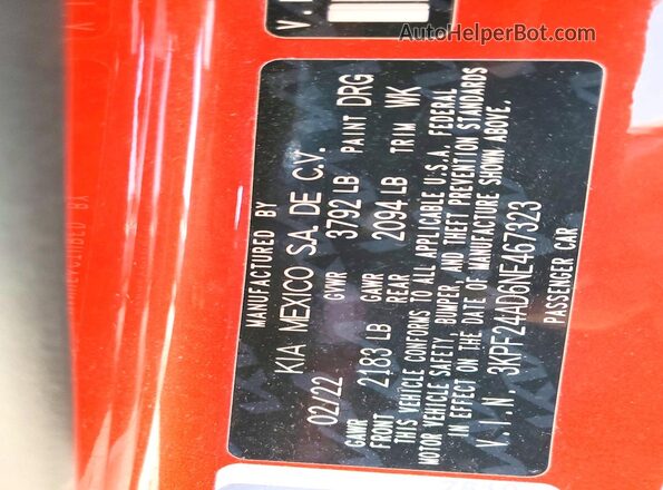 3KPF24AD6NE467323 2022 KIA FORTE Orange Vista del compartimento del motor