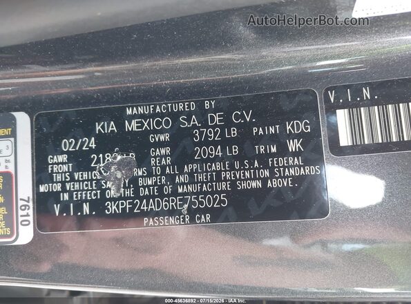 3KPF24AD6RE755025 2024 KIA FORTE Gray Vista del compartimento del motor
