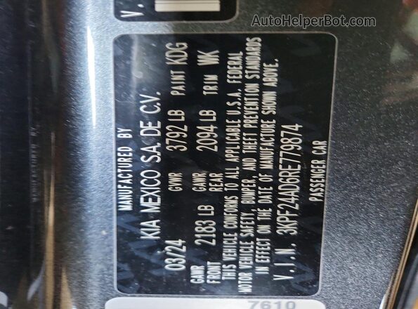 3KPF24AD6RE779874 2024 KIA FORTE Gray Vista de la etiqueta del VIN