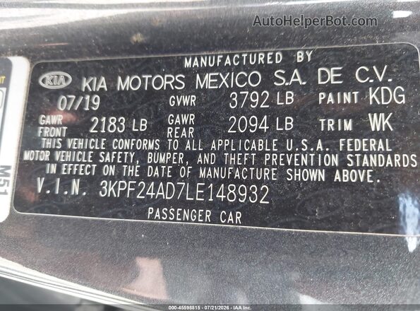 3KPF24AD7LE148932 2020 KIA FORTE Gray ძრავის განყოფილების ხედი