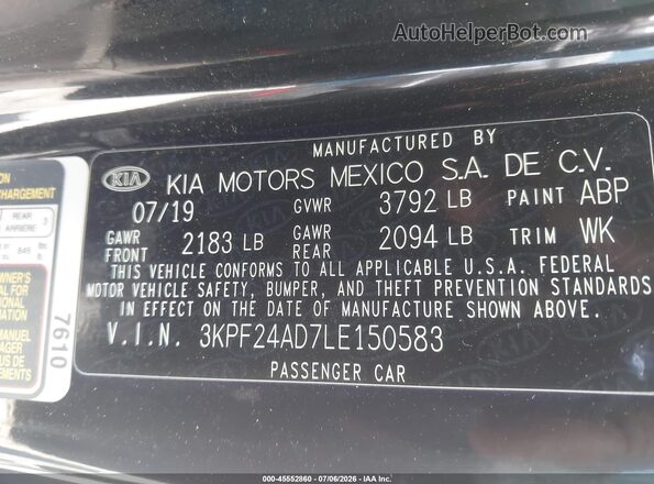3KPF24AD7LE150583 2020 KIA FORTE Черный Вид подкапотного пространства