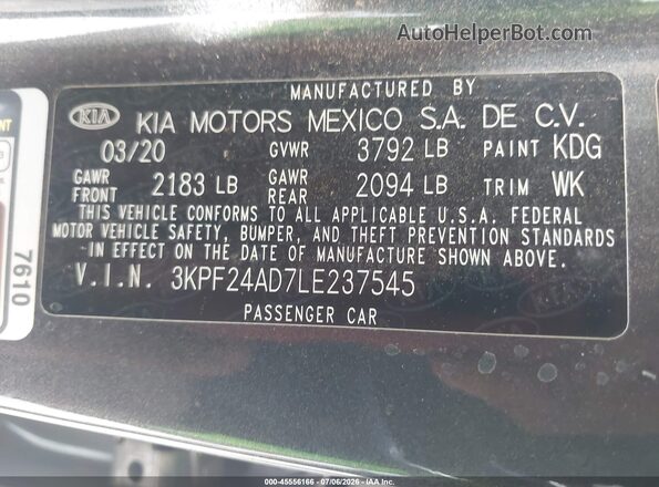 3KPF24AD7LE237545 2020 KIA FORTE Gray Вид підкапотного простору