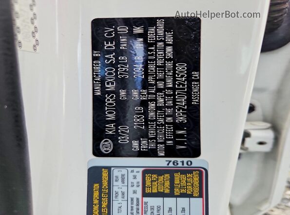 3KPF24AD7LE245080 2020 KIA FORTE White ძრავის განყოფილების ხედი