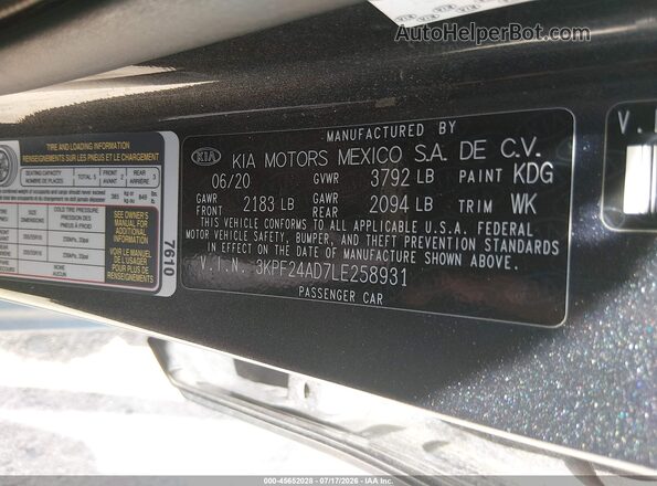 3KPF24AD7LE258931 2020 KIA FORTE Gray Շարժիչի բաժամունքի տեսք