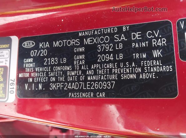 3KPF24AD7LE260937 2020 KIA FORTE Красный Вид подкапотного пространства
