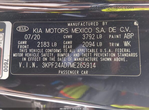 3KPF24AD7ME265914 2021 KIA FORTE Черный Вид подкапотного пространства