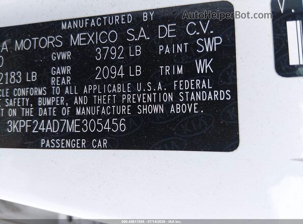 3KPF24AD7ME305456 2021 KIA FORTE White Вид підкапотного простору