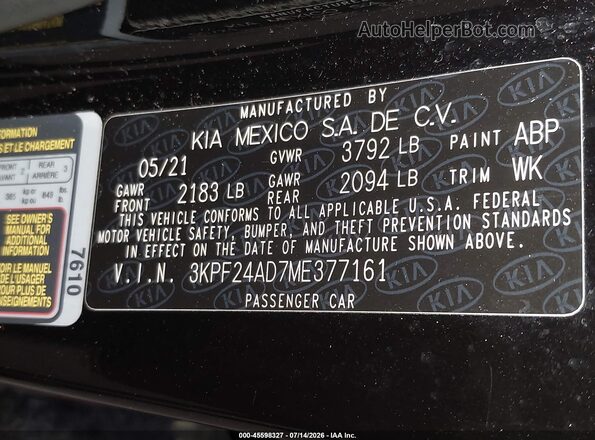 3KPF24AD7ME377161 2021 KIA FORTE Black Engine compartment view