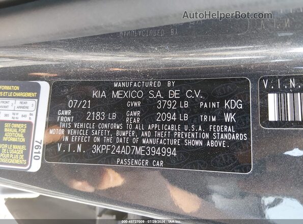 3KPF24AD7ME394994 2021 KIA FORTE Gray Շարժիչի բաժամունքի տեսք
