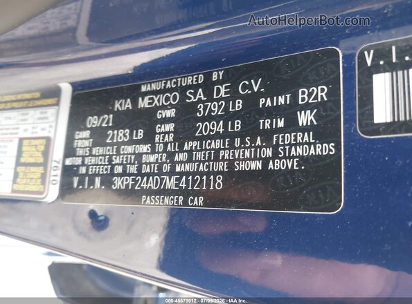 3KPF24AD7ME412118 2021 KIA FORTE Blue Widok komory silnika