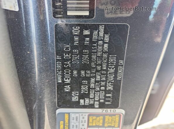 3KPF24AD7ME412801 2021 KIA FORTE Gray VIN sticker view