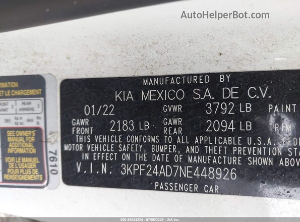 3KPF24AD7NE448926 2022 KIA FORTE White ძრავის განყოფილების ხედი