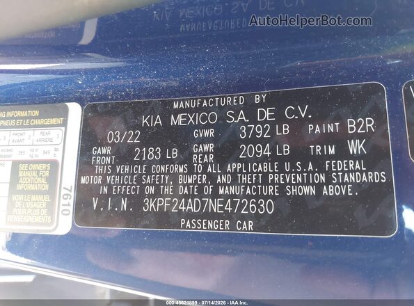 3KPF24AD7NE472630 2022 KIA FORTE Blue Vista del compartimento del motor