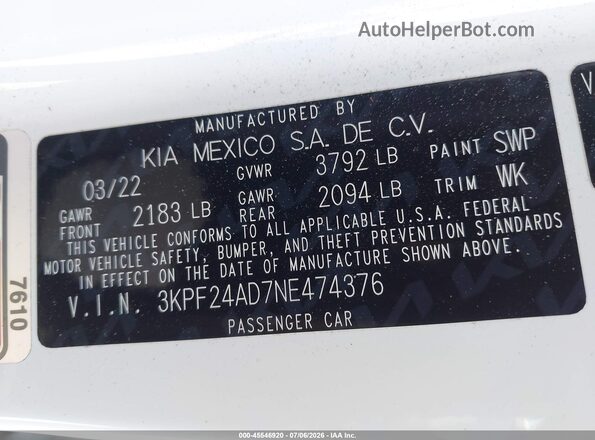 3KPF24AD7NE474376 2022 KIA FORTE White ძრავის განყოფილების ხედი