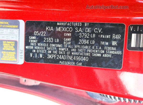 3KPF24AD7NE496040 2022 KIA FORTE Red ძრავის განყოფილების ხედი