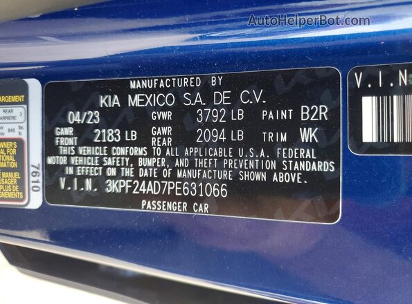 3KPF24AD7PE631066 2023 KIA FORTE Blue VIN კოდის სტიკერის ხედი