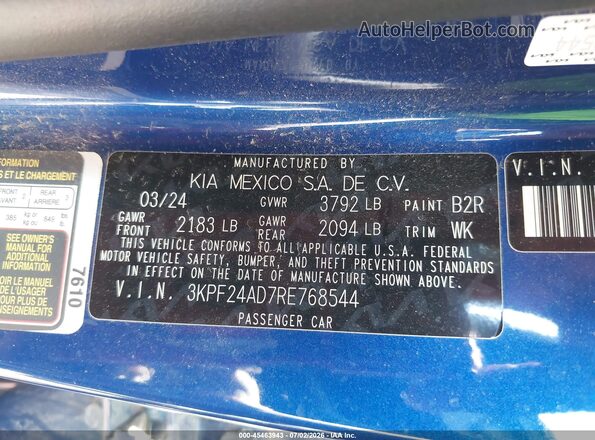 3KPF24AD7RE768544 2024 KIA FORTE Blue Շարժիչի բաժամունքի տեսք