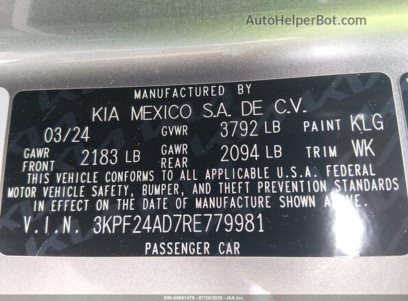 3KPF24AD7RE779981 2024 KIA FORTE Silver Engine compartment view