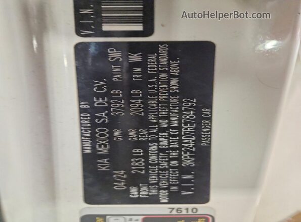 3KPF24AD7RE784792 2024 KIA FORTE White VIN կոդի պիտակի տեսք