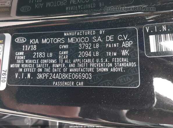 3KPF24AD8KE066903 2019 KIA FORTE Black ძრავის განყოფილების ხედი