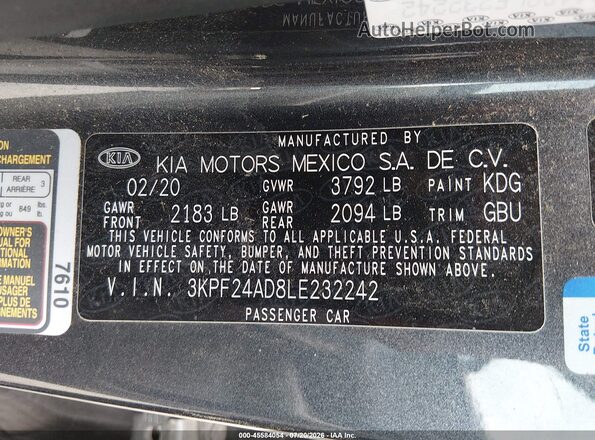 3KPF24AD8LE232242 2020 KIA FORTE Gray Вид підкапотного простору