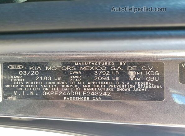 3KPF24AD8LE243242 2020 KIA FORTE Gray Շարժիչի բաժամունքի տեսք
