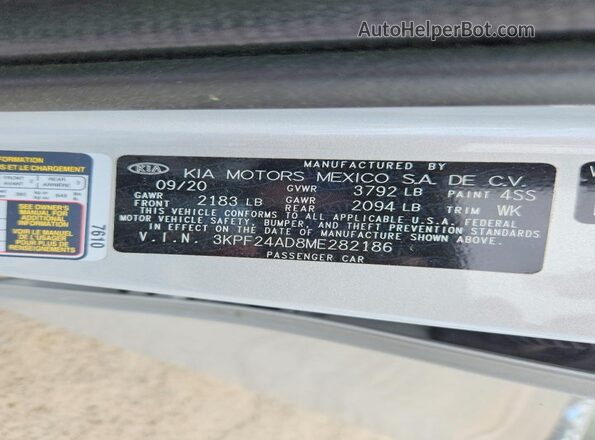3KPF24AD8ME282186 2021 KIA FORTE Silver VIN sticker view