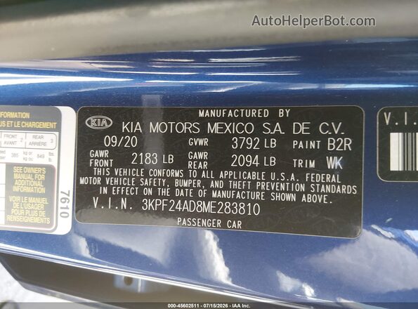 3KPF24AD8ME283810 2021 KIA FORTE Dark Blue Вид подкапотного пространства