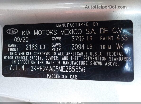 3KPF24AD8ME285556 2021 KIA FORTE Silver Vista del compartimento del motor