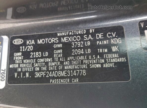 3KPF24AD8ME314778 2021 KIA FORTE Gray Вид підкапотного простору