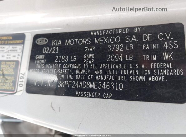 3KPF24AD8ME346310 2021 KIA FORTE Silver Вид підкапотного простору