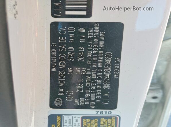 3KPF24AD8ME346890 2021 KIA FORTE White Widok naklejki z numerem VIN