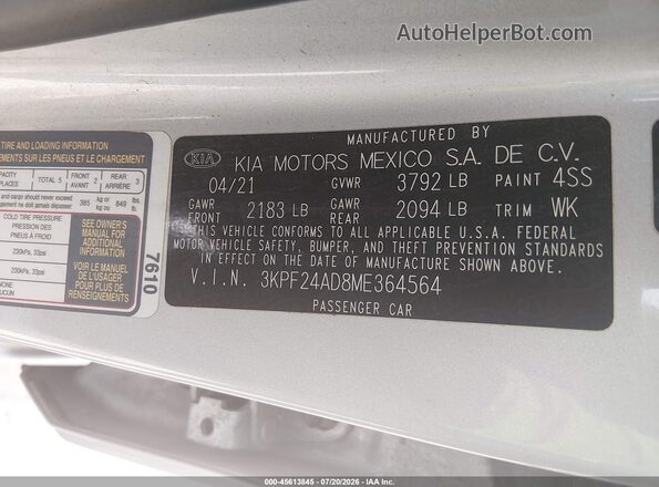 3KPF24AD8ME364564 2021 KIA FORTE Silver Widok komory silnika