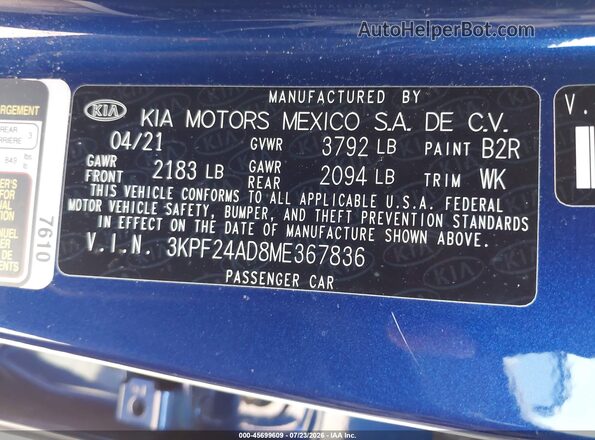 3KPF24AD8ME367836 2021 KIA FORTE Dark Blue Вид підкапотного простору